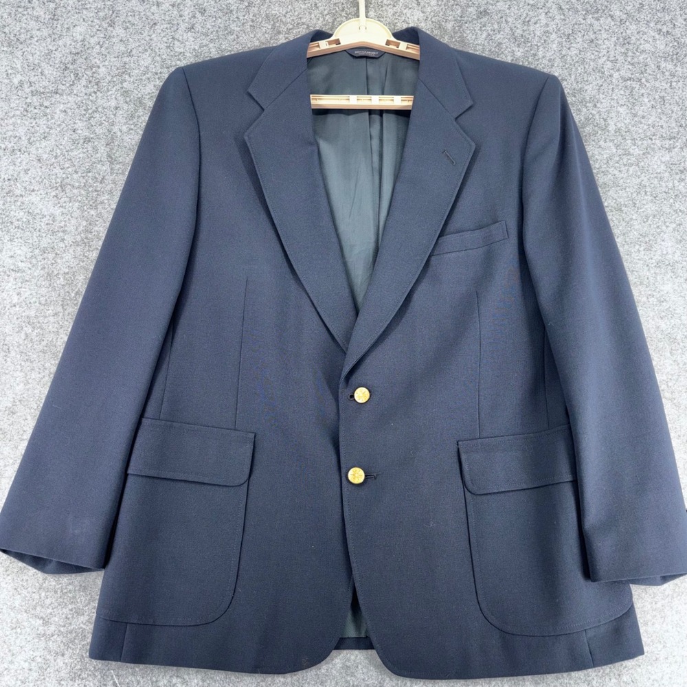 VTG Kuppenheimer Mens Navy Blue Blazer Gold Crest Buttons Made in USA Sport Coat